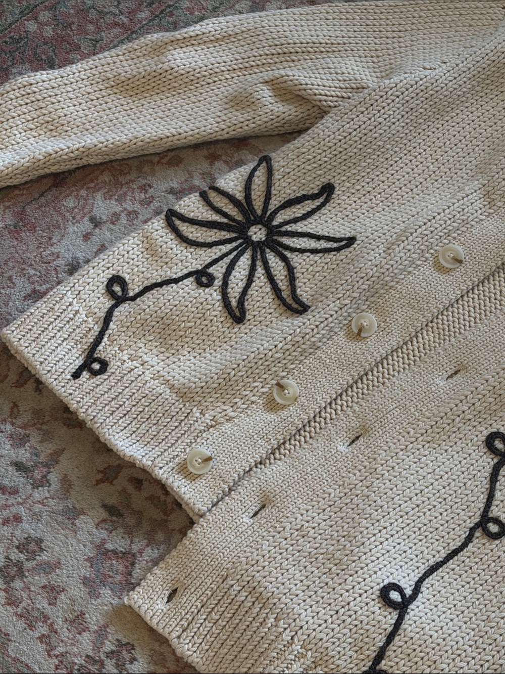 A.P.C. Cream Knit Cardigan with Black Floral Appliqué - Picture 1 of 16